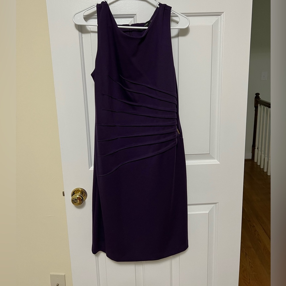 Purple Ivanka Trump mid-calf dress with gold zipper detail and gathering to side